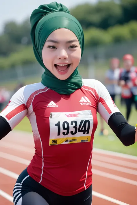 Create an energetic image of a Malay girl in hijab participating in a relay race, her teammates cheering her on as she sprints with determination