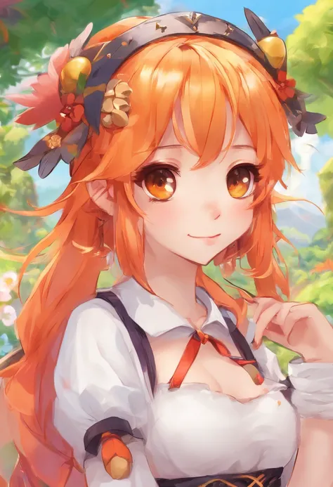 A  girl, shaggy long orange hair, Dressed in white headbands on her body, white top, Tied white cloth on the torso,Black Long Horns, red-eyes, pale skin,black wings , Staff in hand