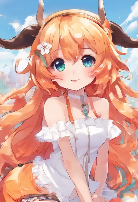 A  girl, shaggy long orange hair, Dressed in white headbands on her body, white top, Tied white cloth on the torso,Black Long Horns, red-eyes, pale skin,black wings , Staff in hand