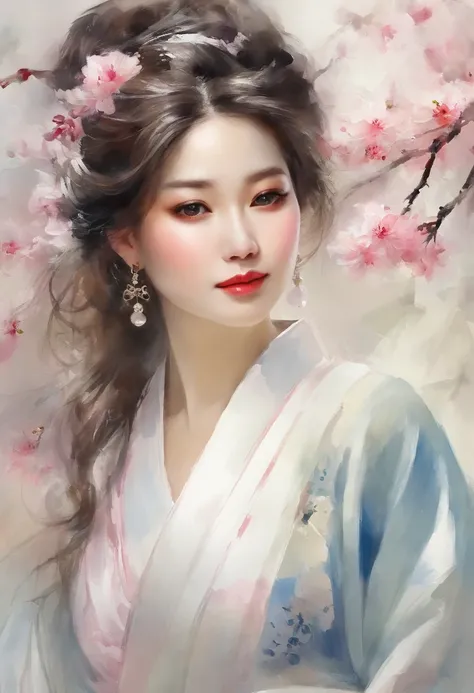 Woman in Japan kimono、Raise and tie your hair、Lots of hair ornaments、white backgrounid、Cherry blossoms fall、((​masterpiece、top-quality、ultra-definition、hight resolution))、、Bare neck and cleavage and shoulders、radiant eyes、perfect  eyes、Japans beautiful sis...