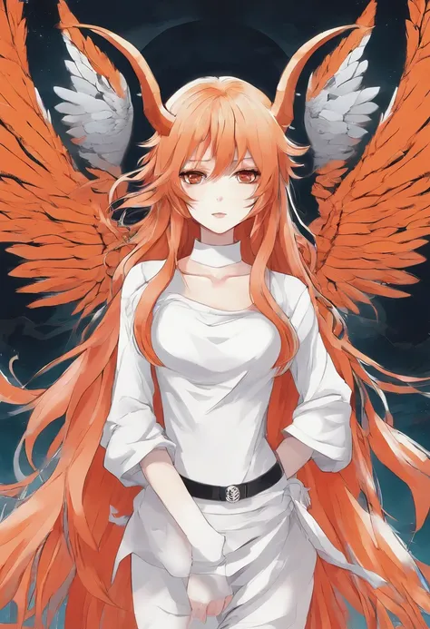 A  girl, shaggy long orange hair, Dressed in white bandages on her torso, white top, Tied white cloth on the torso,Black Long Horns, red-eyes, pale skin,black wings , Staff in hand