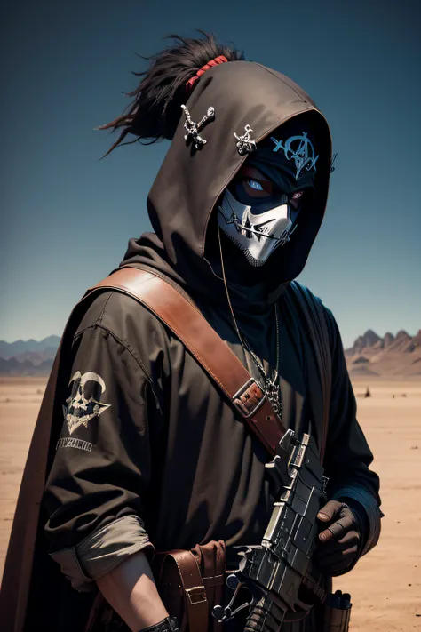 Dark Art Dark Web Evil Pirate,Using an anonymous mask, in the desert, porte un ak47, darkness,obscur,4K