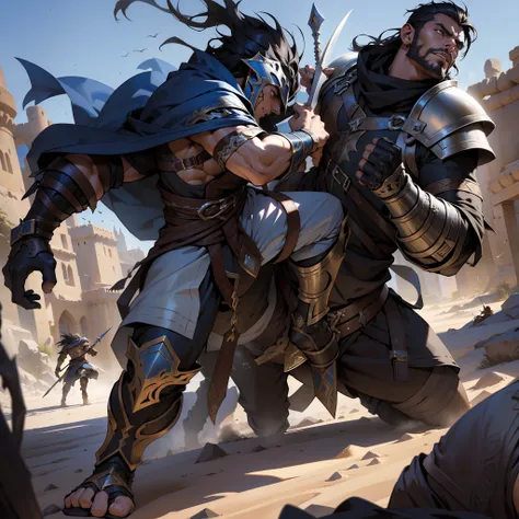 Darksiders style Moroccan warrior ultra detailed muscular warrior wearing Islamic armor carry medieval war battle environment medieval atmosphere moroccans men fight each other10 characters fighting in scene scene legendary epic movie hyper realistic super...