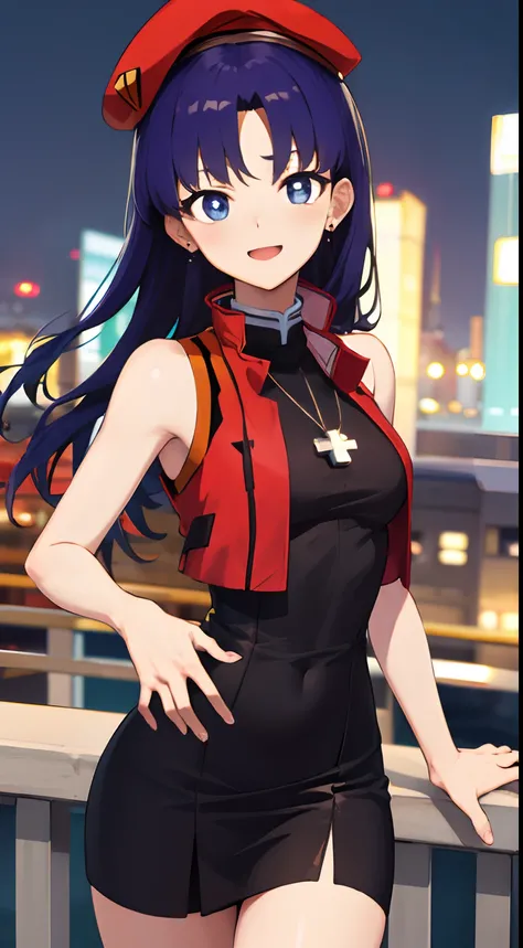 Misato Katsuragi, Misato Katsuragi, Long hair, Blue hair, Purple hair,
Breaks have, Dress, Bare shoulders, Jewelry, Jacket, earrings, Open your clothes, Sleeveless, Necklace, Black Dress, Open jacket, Sleeveless dress, beret, Short dress, Cross, red headwe...