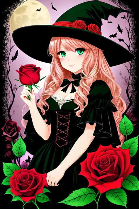 Obra maestra, superlativo, beautiful women witch, feminine , solamente, Halloween cute , roses drawing background, only roses flowers filled with red color, fondo blanco, monocromo, line drawing, ((bosquejo)), spooky, black cat with fill with green eyes, a...