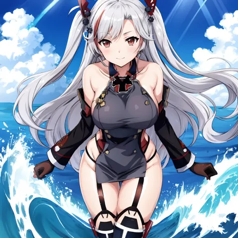 Anime girl in a gray dress standing on a wave in the ocean, kantai collection style, Estilo de pista Azur, Konpeki no Kantai, Do videogame Azur Lane, Kantai Collection Arcade, Personagens de Azur Lane, Kancolle, small curvy loli, divindade de cabelos branc...