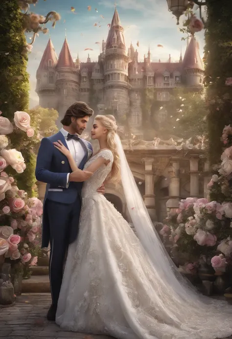 A black hair prince and a blonde princess are married, wearing a white suit and a white wedding dress, a white carriage, dream magical, facing the camera, view from the front. (best quality, 4k, 8k, highres, masterpiece:1.2), ultra-detailed, (realistic, ph...