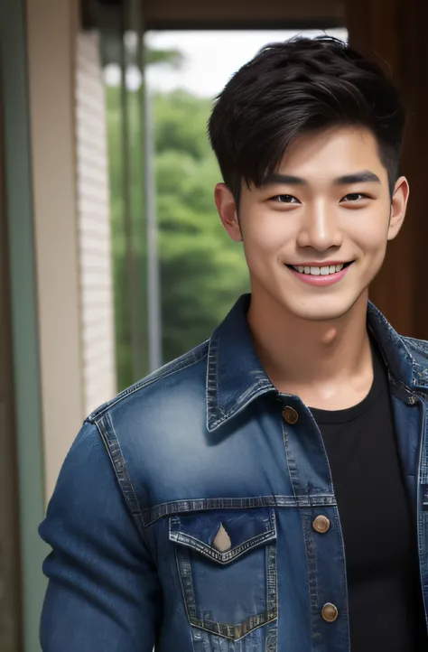 A handsome men ,20 age , Short Hair Hair, korea , Student，(((Wear a black long-sleeved denim shirt......))), full body view,smile ,Pectoral muscles, Big arm muscles,  Big muscles, Wide shoulders ,athlete , Upper body (1), Its raining: 1.3, gym: 1.2, body d...