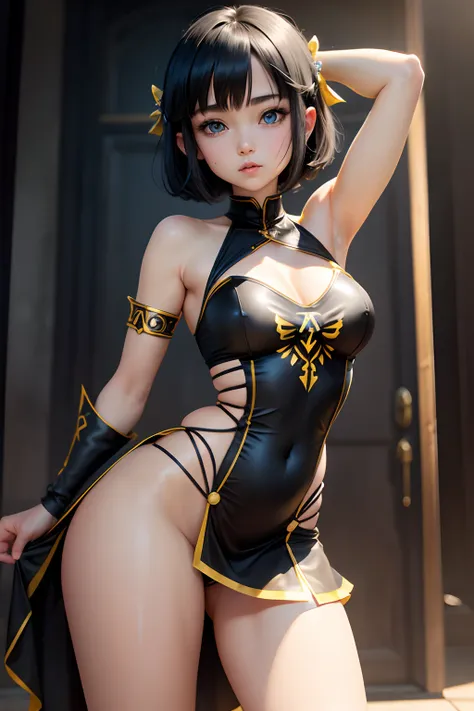 Zelda, waifu, loli, black hair, blue eyes, short hair, armpit, short dress, see panties, Big legs,  transparent yellow black dress, Big hips,