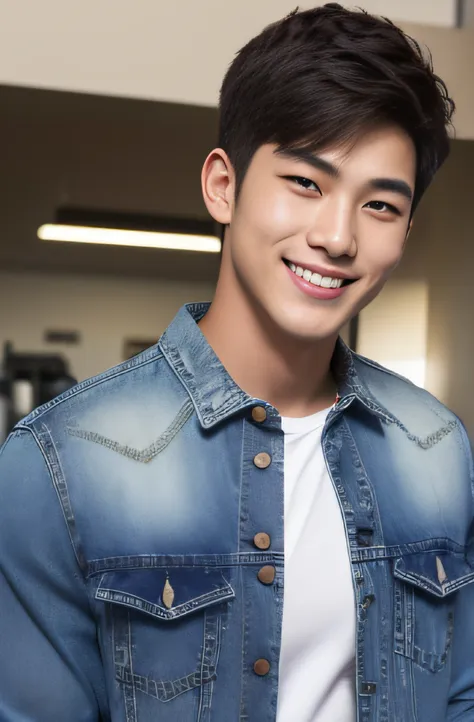 A handsome men ,20 age , Short Hair Hair, korea , Student，(((Wear a long-sleeved denim shirt..))), full body view,smile ,Pectoral muscles, Big arm muscles,  Big muscles, Wide shoulders ,athlete , Upper body (1), Its raining: 1.3, gym: 1.2, body dripping we...