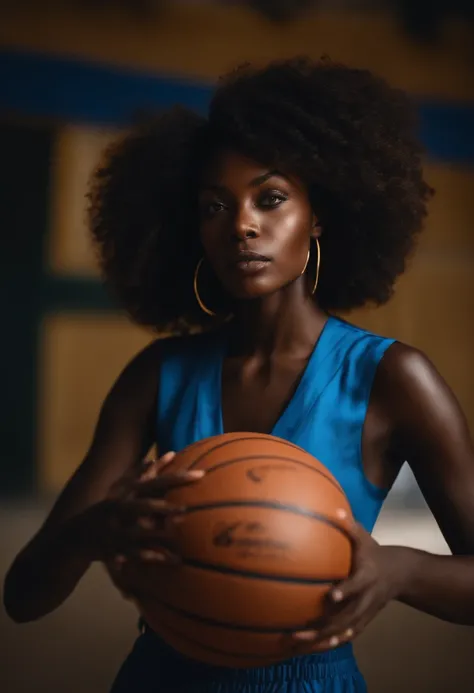 FEMME AFRICAINE AUX YEUX BLEU CULOTTE SUR OR JOUE AU BASKETBALL