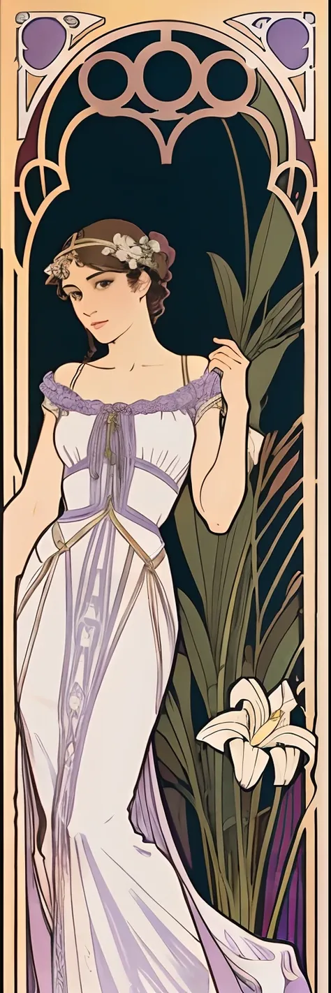 8K.Poster illustration in Alphonse Mucha style, (Lilac long dress,One beautiful western woman), Have a bouquet of white lilies,Full body like,Melancholy face,She is facing to the left,slenderbody,Barefoot,Curved long hair in the Art Nouveau style,Plants in...