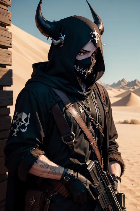 dark art darkweb pirate malefique, Using an anonymous mask, in the desert, porte une arme sniper, darkness,obscur,4K