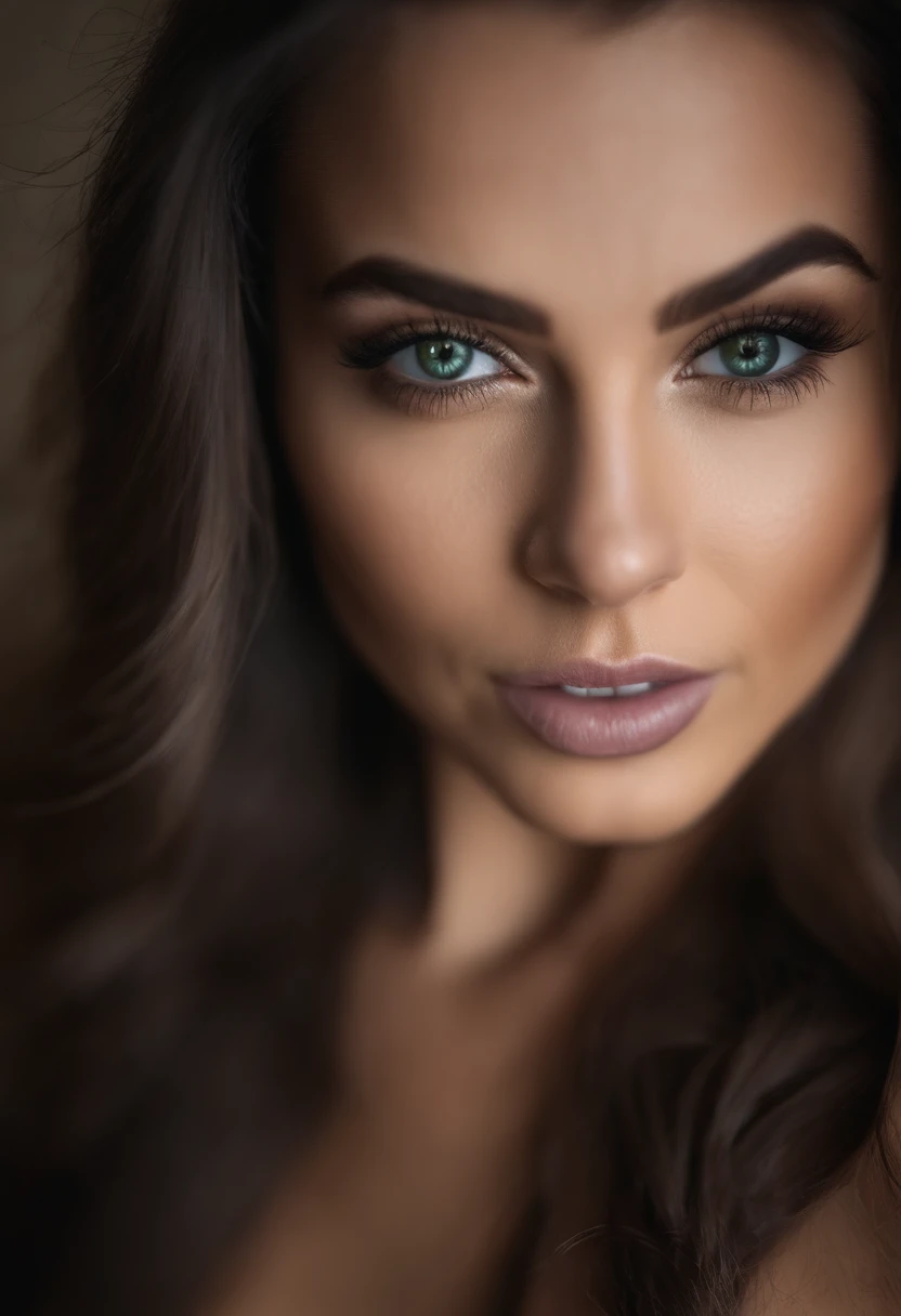 Femme arafed avec de gros seins, 29 ans, fille sexy aux yeux verts, Portrait Sophie Mudd, cheveux bruns et grands yeux, selfie of a young woman, Yeux de chambre, Violet Myers, sans maquillage, maquillage naturel, looking straight at camera, Visage avec Art...