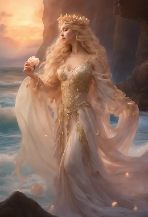 Create a detailed image of Aphrodite, the Goddess of Love and Beauty, standing on a seashell emerging from the foamy sea. She is radiantly beautiful with golden hair cascading down her back, and her eyes sparkle with allure. She is adorned in an ethereal, ...