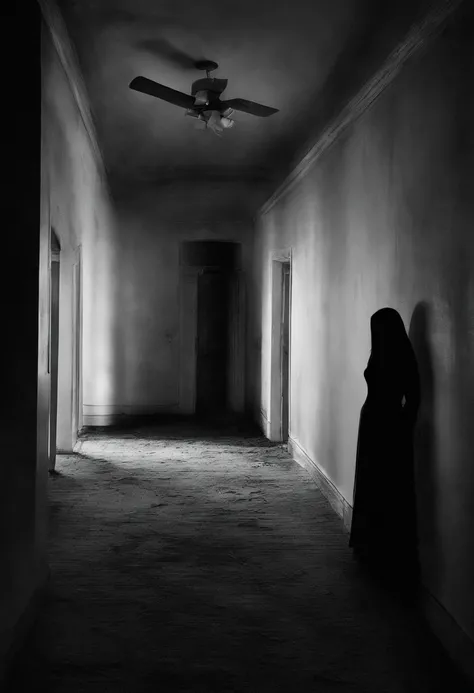 Una joven con un vestido blanco hecho jirones, her long hair darkening part of her melancholy face. Sus ojos parecen oscuros, and a mysterious smile crosses his pale face from time to time.. She stands in the corner of a dark room., como si esperara con pr...