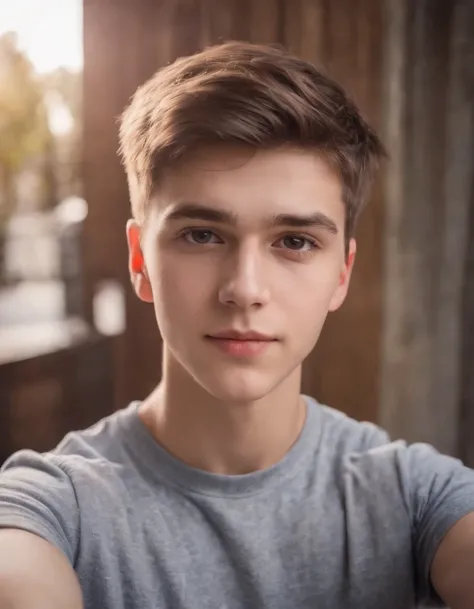 Male teen taking a selfie, wearing a shirt.  He is 17 years old.  short hair