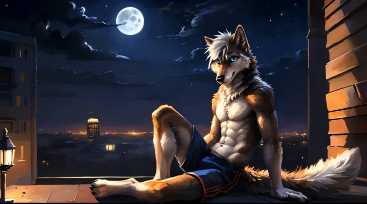 ((Solo)), male people, anthro wolf, (Multi-colored fur, White-brown:1.3), ((Wolf face, White hair, Big eyes, White eyelids, Blue pupil, Slim:1.2) (Tough, Calm expression:1.2)), Abs, Slim, pinging)), (Correct anatomy), (Work shorts:1.1), (Contour bone:1.2),...