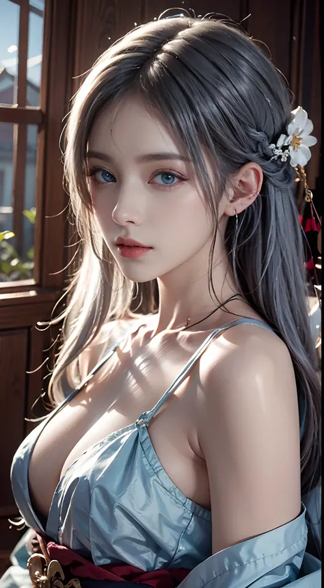 photorealistic, masterpiece, photorealistic, high resolution, soft light, waist up, blue eyes, white hair, long hair, sexy, kimono