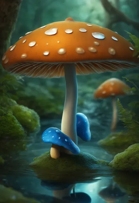 There is a cartoon of a mushroom in the water with a blue umbrella, cogumelo escuro, em uma fonte de cogumelos selvagens,  cogumelo derretendo, cogumelo no pantano