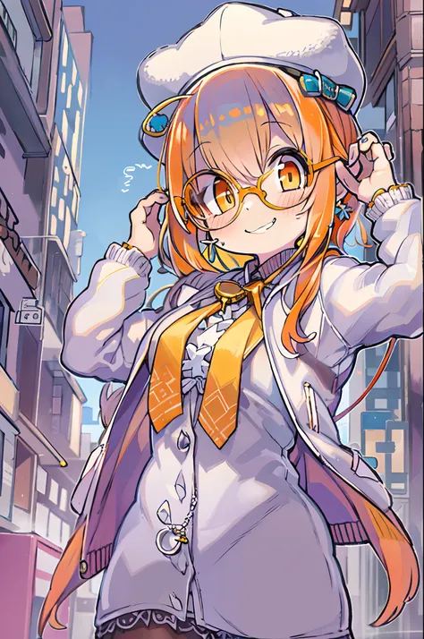 1girl in, Solo, Yorigamijoon, Orange hair, Drill Hair, eyewear on head, Orange Eyes, Jewelry, Bow, White Dress, Purple jacket, Pendants, earrings, hat, Standing, put hands on the hip, Looking at Viewer, one eye closed, Smirk, Outdoors, city