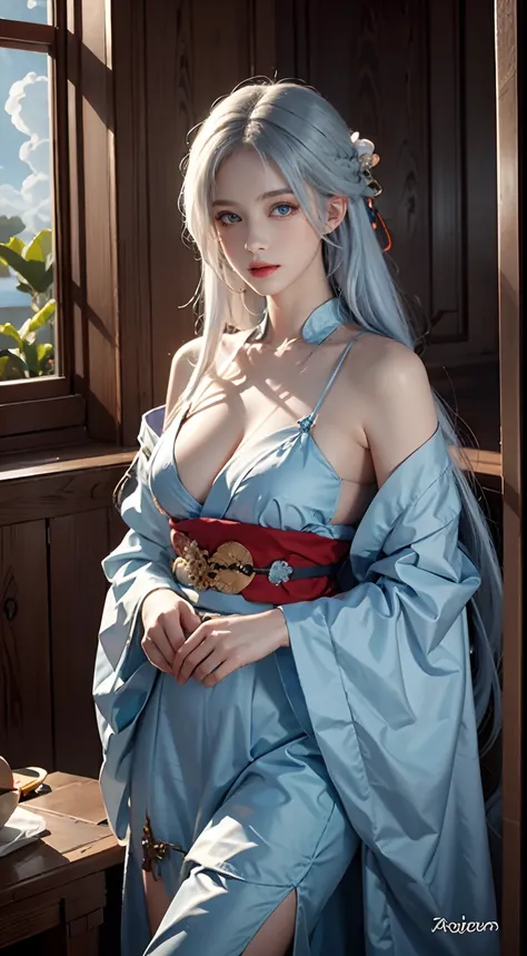 photorealistic, masterpiece, photorealistic, high resolution, soft light, waist up, blue eyes, white hair, long hair, sexy body, kimono