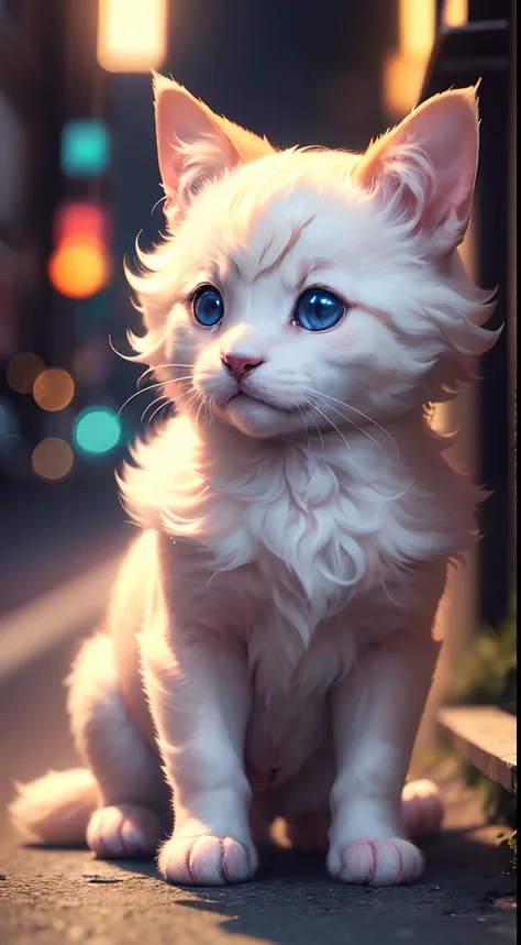 (best quality,4k,8k,highres,masterpiece:1.2),portraits,playful,cute puppy cats with sheep clothes,8k resolution,dim lighting,neon lights in a night city