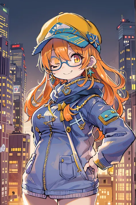 1girl in, Solo, Yorigamijoon, Orange hair, Drill Hair, eyewear on head, Orange Eyes, Jewelry, Bow, White Dress, Purple jacket, Pendants, earrings, hat, Standing, put hands on the hip, Looking at Viewer, one eye closed, Smirk, Outdoors, city