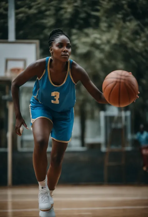 FEMME AFRICAINE AUX YEUX BLEU CULOTTE SUR OR JOUE AU BASKETBALL DANS LEAU