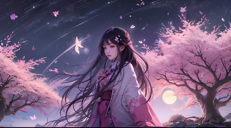 Masterpiece, Best quality, Night, Mountain, full moon, Long black hair, woman, Firefly, stars, Mysterious cherry blossom trees, Pink leaves, High quality, Beautiful graphics, High detail