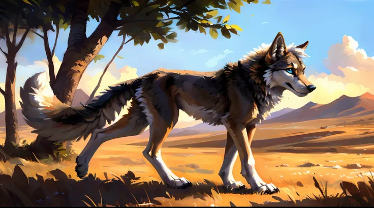 ((Solo)), male people, coyote, (Multi-colored fur, White-brown:1.3), ((Wolf face, White hair, Big eyes, White eyelids, Blue pupil, Slim:1.2) (Tough, Calm expression:1.2)), Abs, Slim, pinging)), (Correct anatomy), A big tail，Feet，Longer torso，Well-proportio...