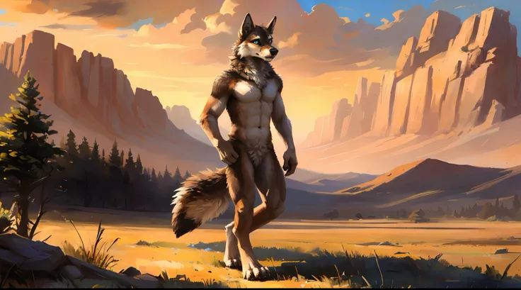 ((Solo)), male people, coyote, (Multi-colored fur, White-brown:1.3), ((Wolf face, White hair, Big eyes, White eyelids, Blue pupil, Slim:1.2) (Tough, Calm expression:1.2)), Abs, Slim, pinging)), (Correct anatomy), A big tail，Feet，Longer torso，Well-proportio...