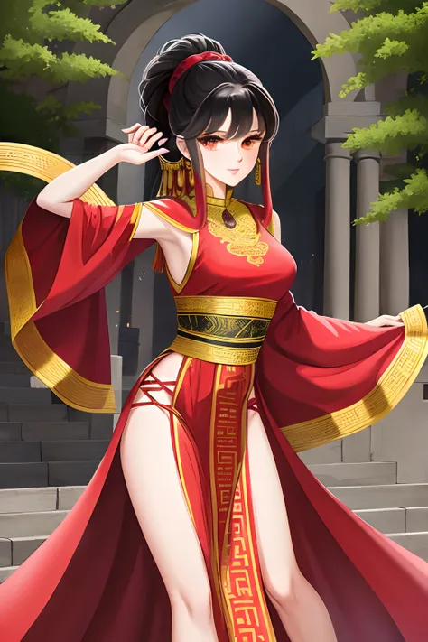 uma bela mulher madura,usando roupas femininas hunfa wuxia,long hair up to the waist,cor negra,olhos escuros,roupa com vermelha ...