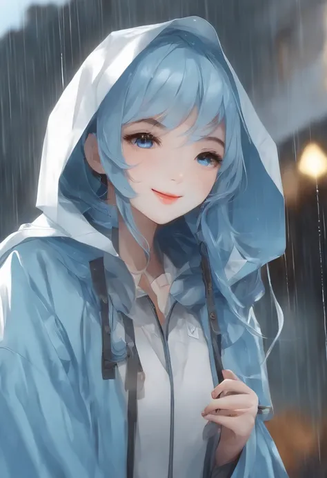 (((1girl))), (((White Face))), (((Long hair))), (((Blue hair))), (((Wave hair)), (((light blue RainCoat))), ((smile face))), HIGH QUALITY, MASTERPIECE, EXTREME DETAIL