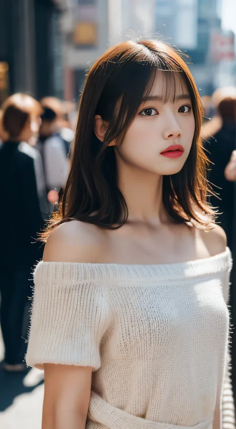 (NSFW:1.5), (NSFW:1.5), NSFW, SFW,8K、Raw photography、top-quality、,Full body portrait:2.0、medium distance shot、White rough woven sweater dress、Mini One Piece、(off shoulders)、(Composition from the knee up:1.2)、32K、ultra res、fully body photo:2.0, is standing:...