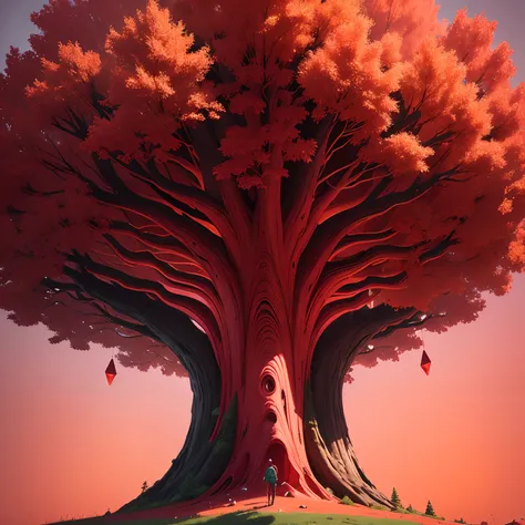 Create a futuristic tree in vibrant red tones with gold.