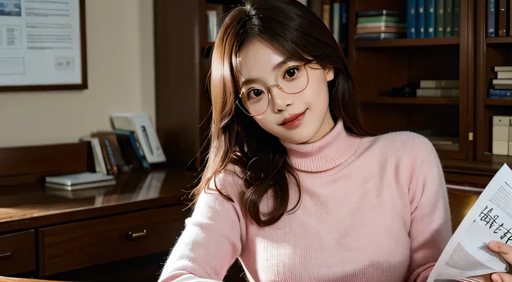 （A Certain Science Railgun、Seo Yeon Joo）、Brown skin、pink turtlenecks、（Medium hair in pink color）、Young、Cute、a beautifulchi girl、Perfect style、larjeBoobs、sexy legs, cute pose, smiling, Emphasizes cleavage、Realistic、８ｋ、Heavily detailed、最好质量、Top image quality...