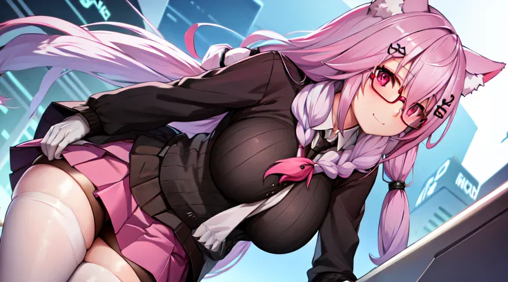 Bun Heat Resistant Synthetic Hair, pink hair, chroma eye, short skirt, school uniform, glasses, big breast, wolf ear, long hair