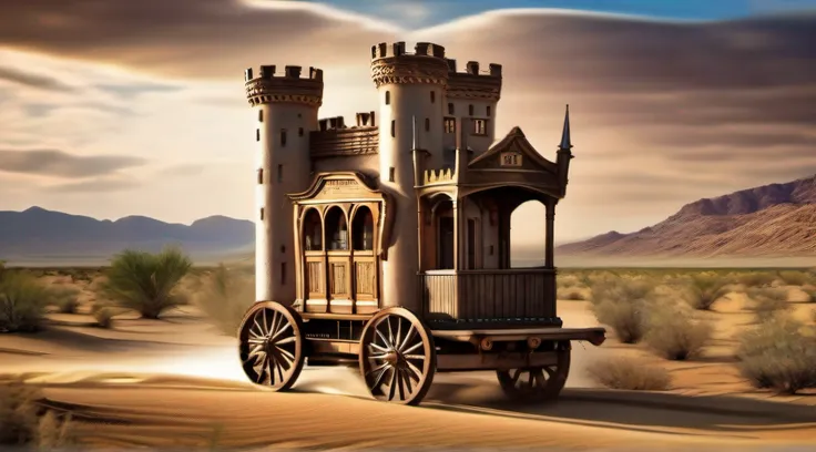 Castle in motion (Masterpiece, Dynamic, Creative) a castle moving on a wagon in the desert. HDR, ultra realistic photo, lots of detail,  16k.