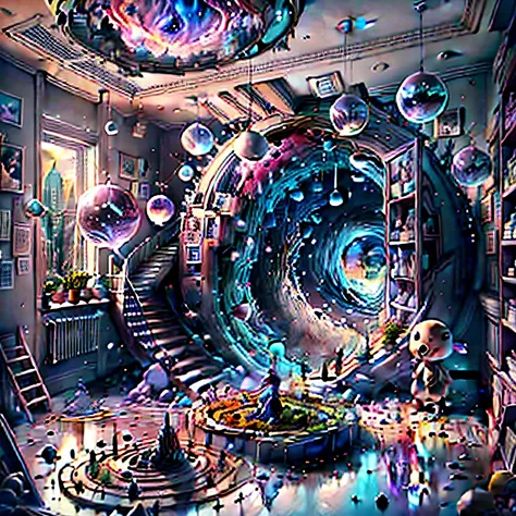 A very detailed and very high quality childrens room，The walls overlook parallel universes, Full of bright colors and animated toys. hyper HD, 8K, rendering by octane, Near-perfect scene, hyperdétaillée