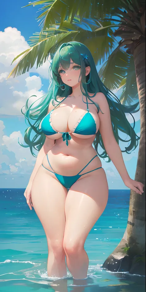 art by Cornflower, dreamy (a big girl who had beautiful detailed green eyes, eyes, nose, ear, eyebrow, mouth, lips, blue green hair, highlights, bangs, breasts, belly, waist, thick legs, thick thighs, bikini. The depth of field in the photo was perfect, an...