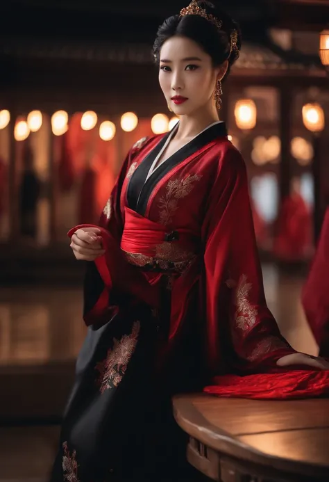 8k, best quality masterpiece, femme, Un, (Forme douce), visage parfait, Robe Hanfu, sexy, fascinant, Robe noir en tissu mince, tour, Tour de la lanterne rouge,