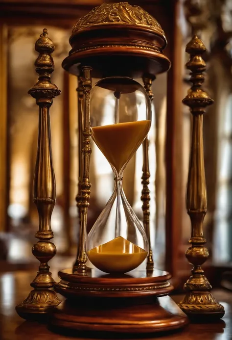 a closeup of an hourglass with a clock in the background, hourglass ⌛️, Detalhes intrincados da ampulheta, Ampulheta, time does not exist anymore, time is running out, ampulheta, preso dentro de uma ampulheta, A passagem do tempo, preso no fluxo do tempo, ...