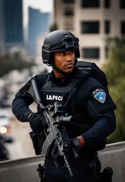 LAPD officer, male focus, black SWAT outfit, he is on the side of an Armored SWAT car, los angeles city backdrop, he is heavily armed with a rifle, city backdrop, ultra detailed scenery, ultra sharp focus