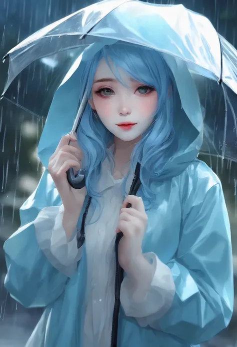 (1girl))), (((White Face))), (((Long hair))), (((Blue hair))), (((Wave hair)), (((light blue RainCoat))), ((smile face))), (((looking at us))),(((transparent Raincoat))),(((remove hoodie))),(((umbrella transparent))), HIGH QUALITY, MASTERPIECE, EXTREME DET...