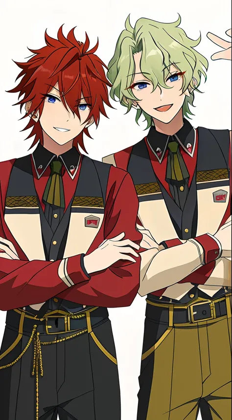 2males, 2boys, Amagi Rinne and Tomoe Hiyori, Amagi Rinne red hair blue eyes, Tomoe Hiyori yellowgreen hair purple eyes, happy smile.smile at me, masterpiece, best quality, ultra-detailed, ensemble stars, room, ensemble stars