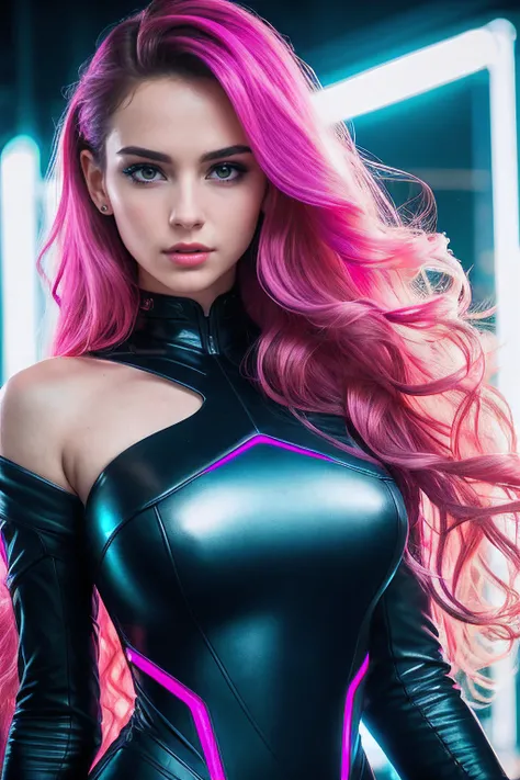 amoled ultra realistic photograph of a 25 years old european girl, RAW, beautiful woman, (extra long wavy black hair), ((portrait)), ((detailed face:1.2)), ((detailed facial features)), (finely detailed skin), pale skin, (high detailed deep cleavage cyberp...