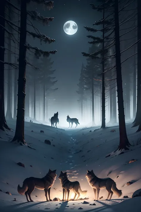 magical night scene in a deep forest. Na cena, A pack of majestic wolves is gathered in a clear under the soft light of the full moon. Each wolf should be portrayed in incredible detail, highlighting their coat and expressions. They are howling in unison a...