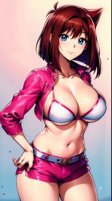 巨作, Best Quality, highres, Amazake, (Antenna hair:1.2), smile, Navel huge breasts Mazaki Anzo Kyoko Masaki / Yu Ji Oh! Cyan eyes Bright yellow bra pink jacket pink shorts earrings