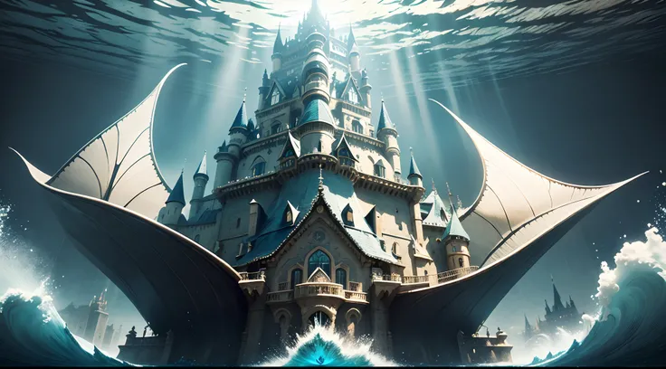 (Masterpiece, dynamique, Creative) A manta ray with a castle on its back under water. Hdr, Ultra realistic photo, A LOT OF DETAILS.